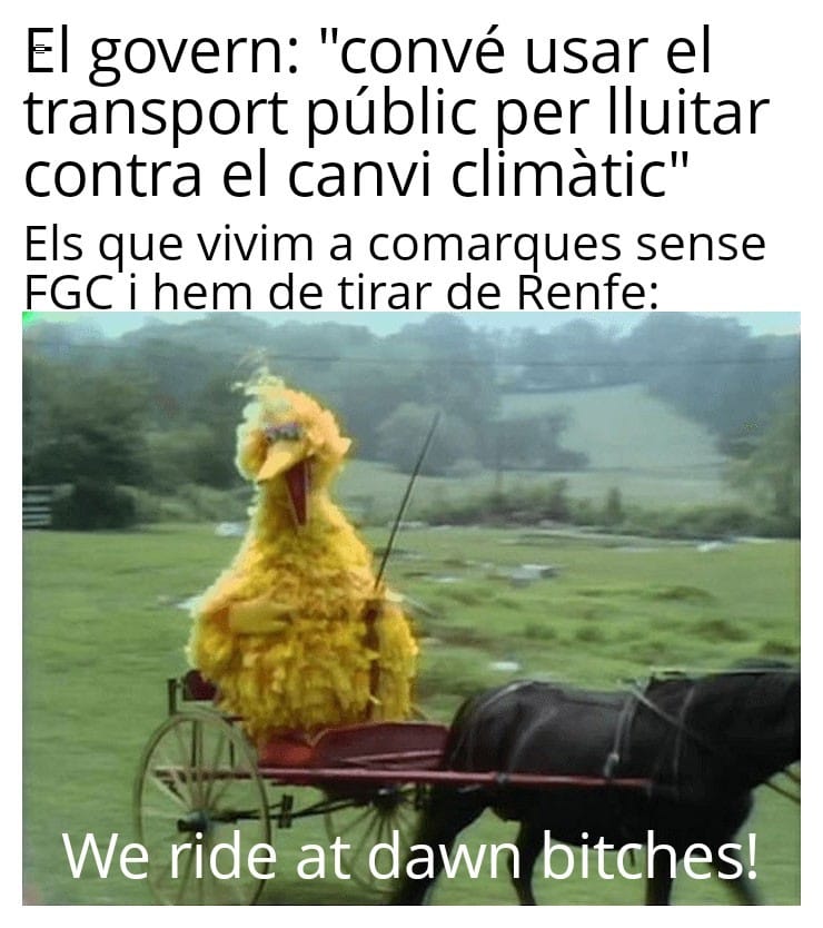 Meme sobre les comarques sense FGC que depenen de Renfe, amb un ocell groc en un carro de cavalls. Llegeix l’article «El transport públic també és política d’habitatge».